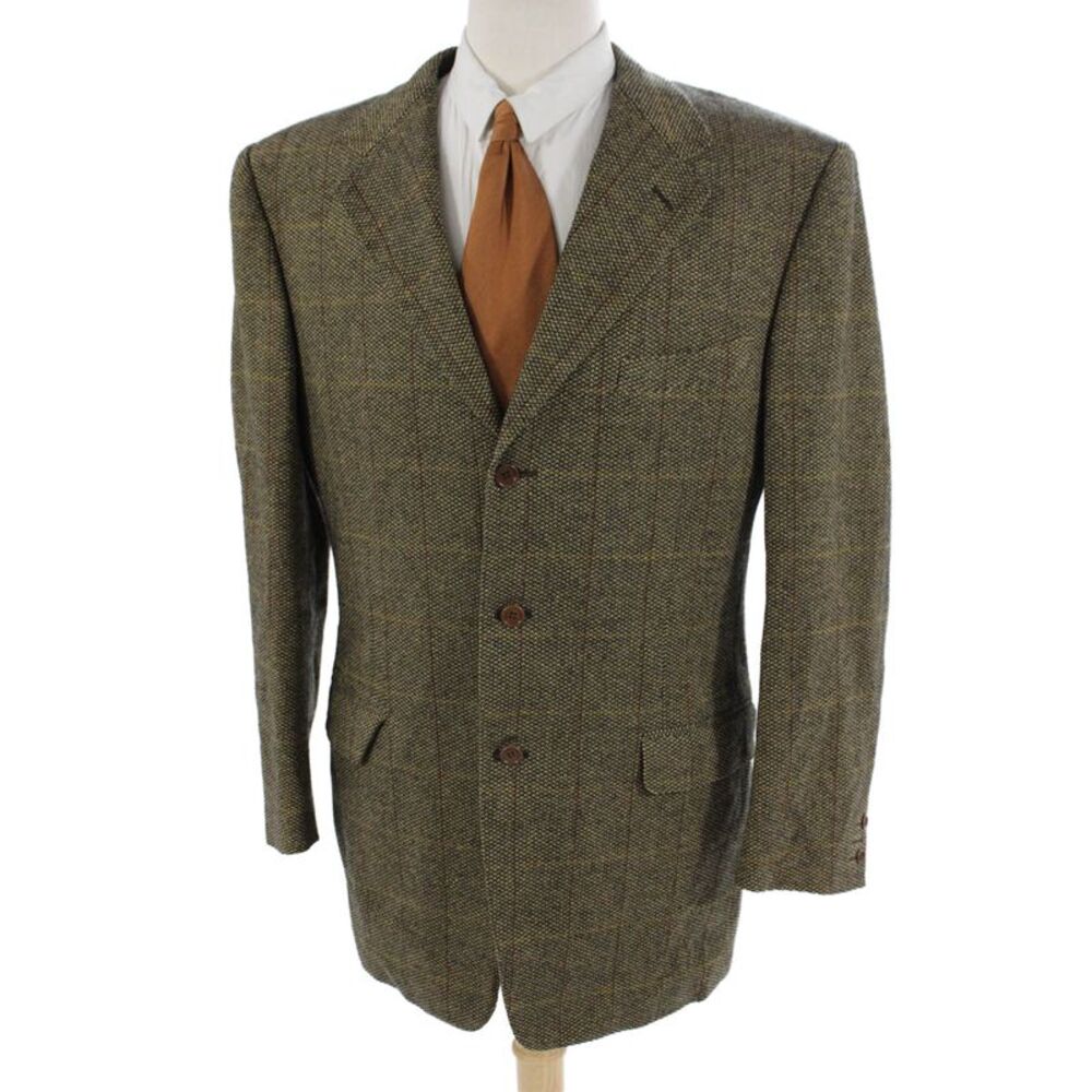 Canali Mens Brown Checked Collared Sport Coat Rayon Cupro Size 52